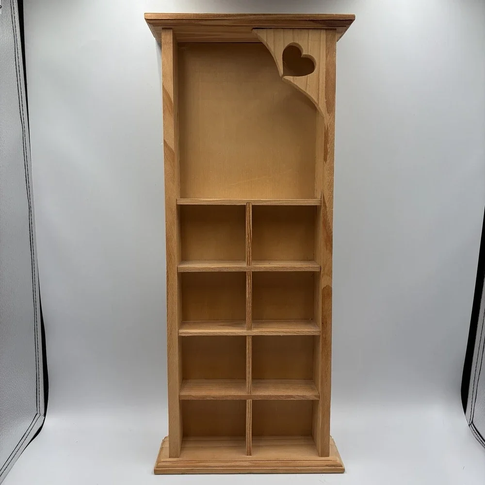 Vtg Pine Wood 9 Cubby Heart Wall Shelf Trinket Unfinished CottageCore 20x8x3